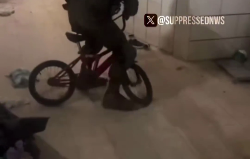 Thumbnail preview image for the video titled: Israeli soldier Eliya Nakash filmed himself riding a child’s bicycle inside a Palestinian home in Jenin