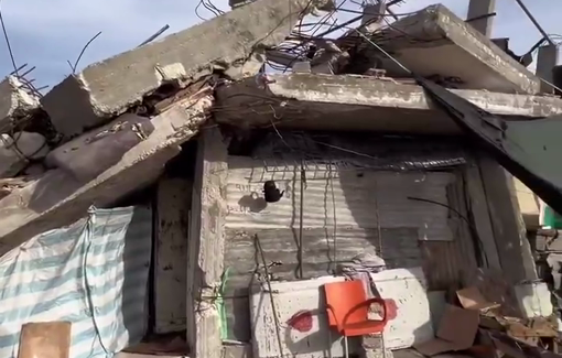 Thumbnail preview image for the video titled: Family shelters under the rubble of their destroyed home