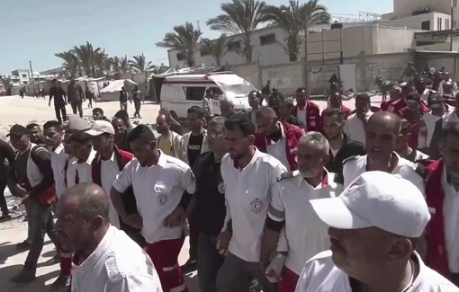 Thumbnail preview image for the video titled: Funeral procession for Red Crescent crew murdered by Israel during a rescue mission