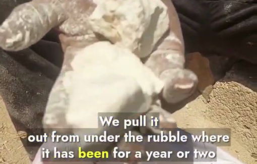 Thumbnail preview image for the video titled: Starved families resort to shrapnel-filled flour dug from the rubble