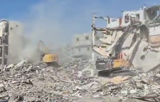 Thumbnail preview image for the video titled: 4 Israeli excavators destroying buildings, Othman Ibn Affan Street, Rafah