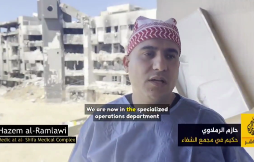 Thumbnail preview image for the video titled: Doctors dig through the rubble to salvage any remaining medical supplies