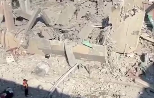Thumbnail preview image for the video titled: Complete destruction of and around Al-Faraj mosque by Israeli bombing