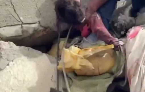 Thumbnail preview image for the video titled: Child killed stuck under the collapsed roof of her home after Israel bombed her house