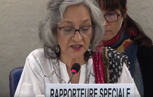 Thumbnail preview image for the video titled: Farida Shaheed in UN Human Rights Council: "Education becomes unsafe when academic freedom is curtailed,"