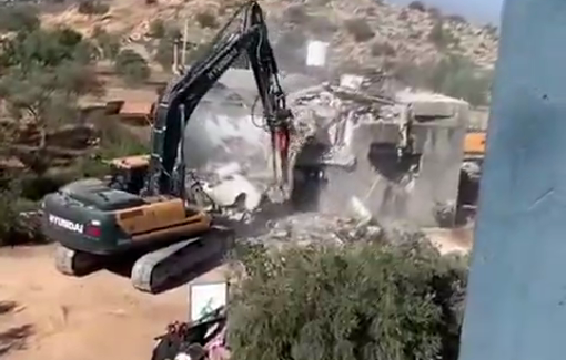 Thumbnail preview image for the video titled: Hyundai & CAT Israeli excavators carry out a demolition campaign in the village of Shuqba