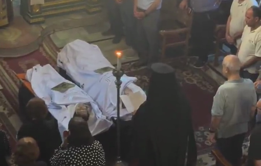 Thumbnail preview image for the video titled: Funerals of two Gazan Orthodox Christian killed by an Israel strike in the Holy Family Catholic Church compound
