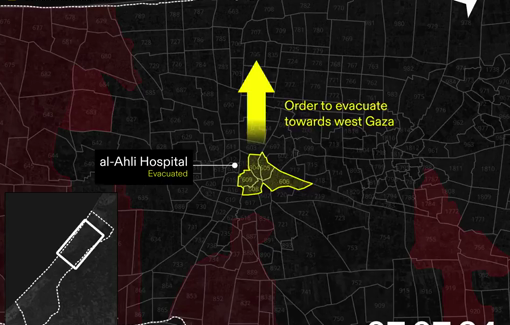 Thumbnail preview image for the video titled: Palestinians in Gaza’s Old City and Ahli Hospital were told to evacuate west—then attacked there and given a new evacuation order within 24 hours