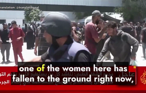 Thumbnail preview image for the video titled: Starved woman collapses as Anas Al-Sharif breaks down while reporting on another massacre of aid seekers