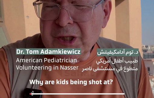 Thumbnail preview image for the video titled: Dr. Tom Adamkiewicz, an American pediatrician volunteering at Nasser Hospital in Khan Younis, explains deliberate targeting of children by the IDF