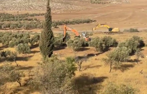 Thumbnail preview image for the video titled: Alongside a large military incursion, six Israeli bulldozers are uprooting olive trees on the lands of the village of Al-Mughayyir