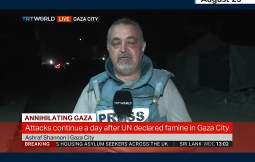 Thumbnail preview image for the video titled: Journalist Ashraf Shannon reports on the killing of his family and former colleague Khaled Al-Madhoun