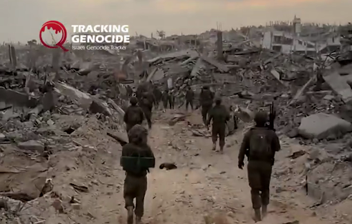 Thumbnail preview image for the video titled: IDF soldier films their mass destruction of Gaza as a squad walks through the ruins