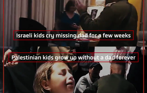 Thumbnail preview image for the video titled: Israeli media shows soldiers leaving his children for Gaza, while children in Gaza lose fathers and schools