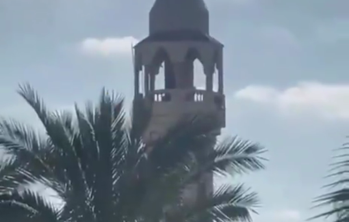 Thumbnail preview image for the video titled: Israeli suicide drone blows up the minaret of the Yaffa Mosque in Deir al-Balah