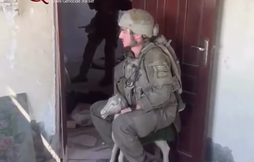 Thumbnail preview image for the video titled: Israeli soldier with displaced child's toy while filming destruction