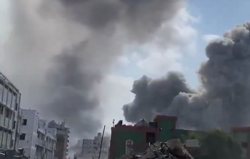 Thumbnail preview image for the video titled: Large smoke pillars following IDF blowing up of buildings in Gaza City