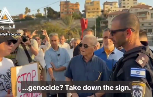 Thumbnail preview image for the video titled: The commander of the Umm al-Fahm Israeli Police station tells protesters they can "go to Gaza", demanding they take down a sign during a protest