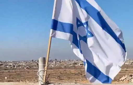 Thumbnail preview image for the video titled: Israeli flag raised over the ruins of Gaza, set to genocidal song "Harbu Darbu"