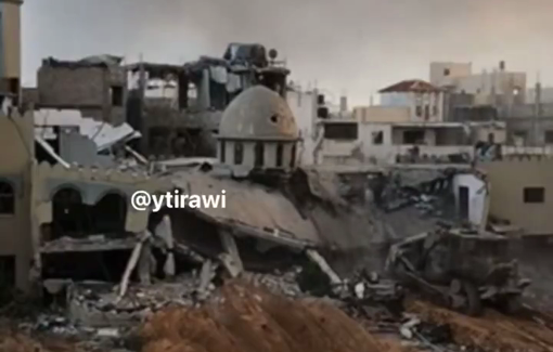 Thumbnail preview image for the video titled: IDF squad elated as bulldozer demolishes a mosque in Jabalia