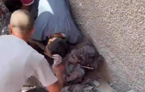 Thumbnail preview image for the video titled: Child rescued from the rubble of a house in the Rimal neighborhood following an Israeli strike