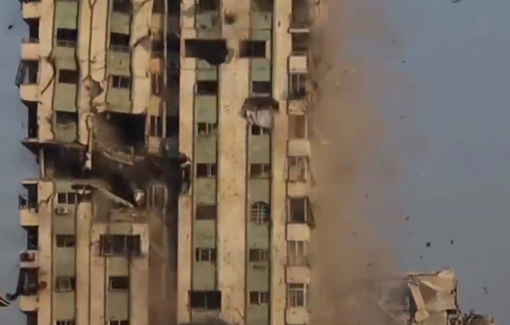 Thumbnail preview image for the video titled: Destruction of the Makka residential tower by Israeli bombing