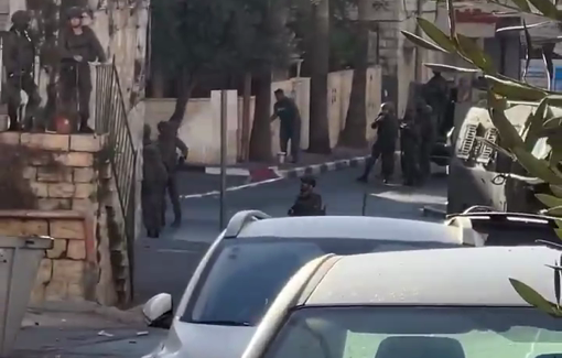 Thumbnail preview image for the video titled: Israeli soldiers forced residents to take down the flags of Palestinian and to remove national slogans in Al Birey