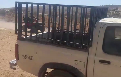 Thumbnail preview image for the video titled: Israeli settlers in ATV trying to run over children in Masafer Yatta