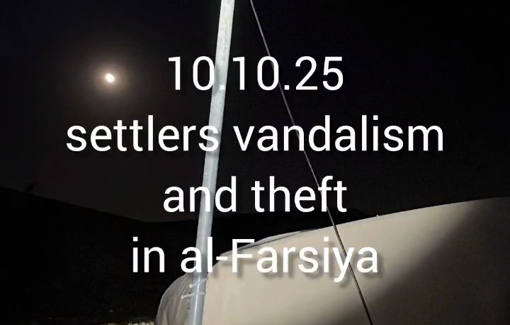 Thumbnail preview image for the video titled: Israeli settlers broke into a house in Al-Farsiya, loot, cut electricity and engage in voyeurism