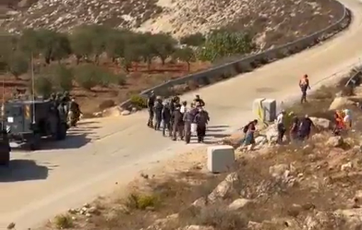 Thumbnail preview image for the video titled: Israeli forces block farmers from picking olives in the lands of the town of Kafr Malik