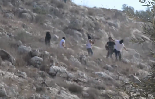 Thumbnail preview image for the video titled: Israeli settlers violently assaulted Palestinian journalists in Beita during their covering of the olive harvest
