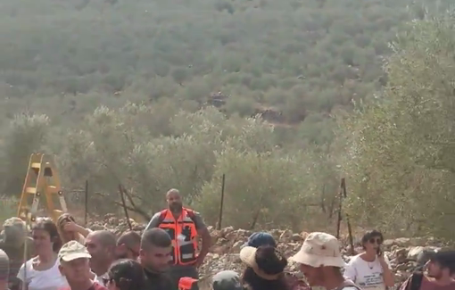 Thumbnail preview image for the video titled: An Israeli drone hits and injures an activist during an olive harvest near the Revava settlement in Deir Istiy