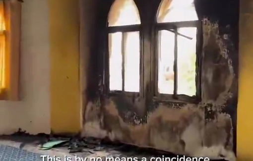 Thumbnail preview image for the video titled: Settlers set fire to a mosque in Deir Istiya, West Bank