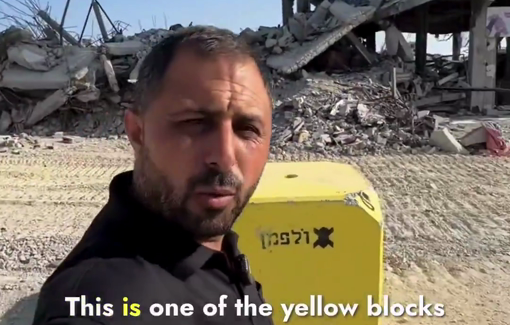 Thumbnail preview image for the video titled: Israeli yellow concrete blocks in the middle of Jabalia camp, prevent residents from returning to their destroyed homes