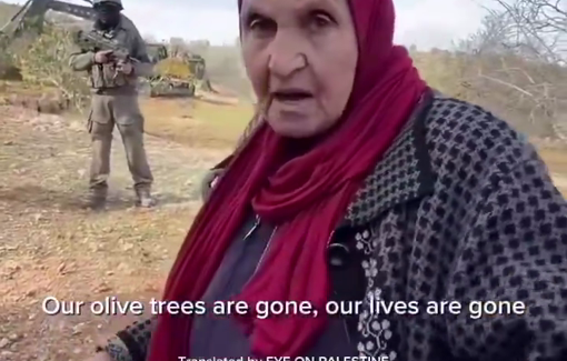 Thumbnail preview image for the video titled: a Palestinian elderly woman, standing helpless before the occupation bulldozers uprooting olive trees from her land in the village of Qaryout,