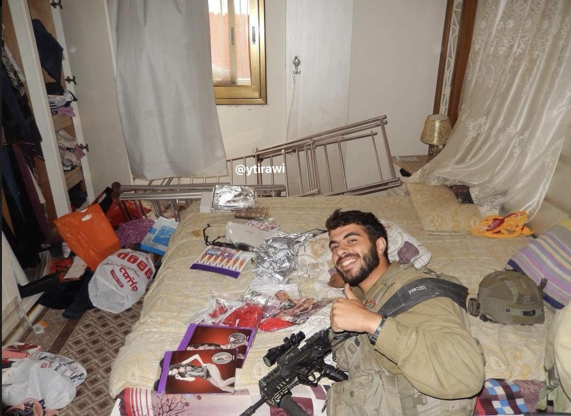 Thumbnail preview image for the video titled: Israeli soldier desecrating a room containing Palestinian women’s clothing and lingerie