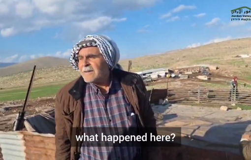 Thumbnail preview image for the video titled: Settlers from the illegal outpost nearby Al-Hadidiyah arrived at night and destroyed 6 tons of barley