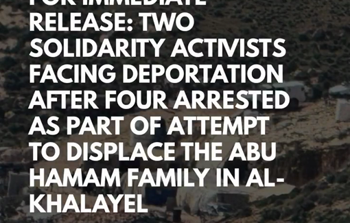 Thumbnail preview image for the video titled: Two solidarity activists facing deportation after four arrested as part of attempt to displace the Abu Hamam family in al-Khalayel
