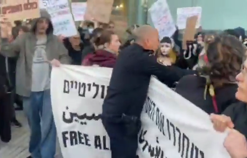 Thumbnail preview image for the video titled: Violent supression by police and security guards of a peaceful anti-genocide protest in Tel Aviv