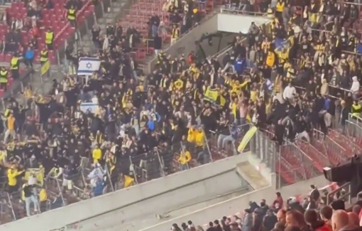 Thumbnail preview image for the video titled: Maccabi Tel Aviv fans chant genocidal slogans during a game in Stuttgart