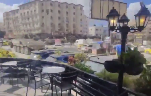 Thumbnail preview image for the video titled: Show of force with an Israeli convoy of military vehicles sweeping through Jenin