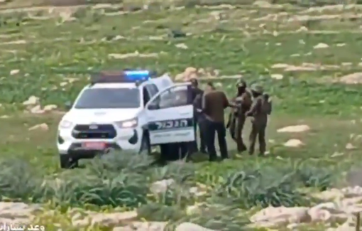 Thumbnail preview image for the video titled: Israeli Forces arrested Yousef Bisharat and his wife in Khirbet Makhoul in the Northern Jordan Valley following a settler militia attack and the residents’ resistance