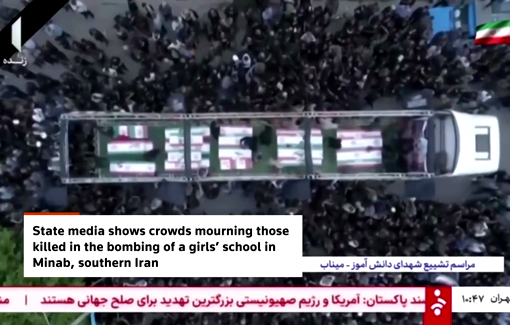 Thumbnail preview image for the video titled: Thousands in Minab, Iran attended the funeral for the 175 children and staff killed in Saturday’s U.S.-Israeli strike on a girls’ primary school
