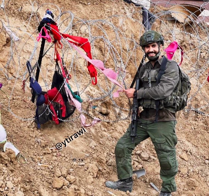 Thumbnail preview image for the video titled: An Israeli soldier decorating rubble with Palestinian women’s underwear in Kan Younis