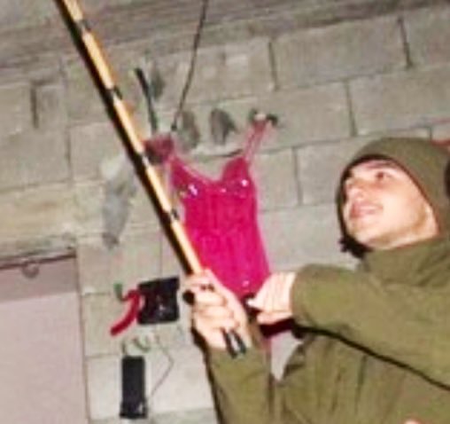 Thumbnail preview image for the video titled: Israeli sergeant from the 890th Paratroopers Battalion displaying Palestinian women's lingerie