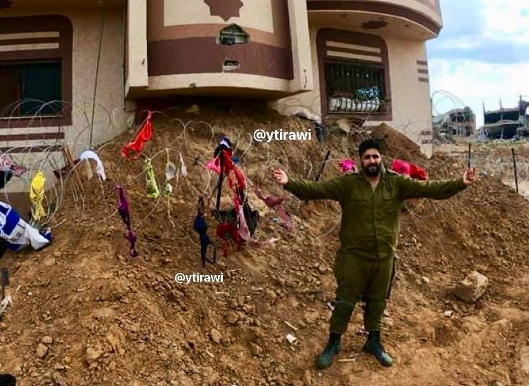 Thumbnail preview image for the video titled: Israeli soldier decorating rubble with Palestinian women's underwear