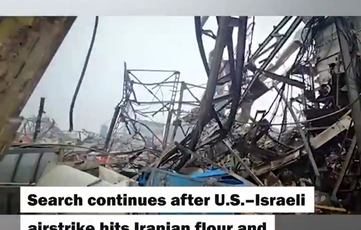 Thumbnail preview image for the video titled: Search continues for missing persons at a flour and corn factory bombed by Israeli- U.S airstrikes in Iran