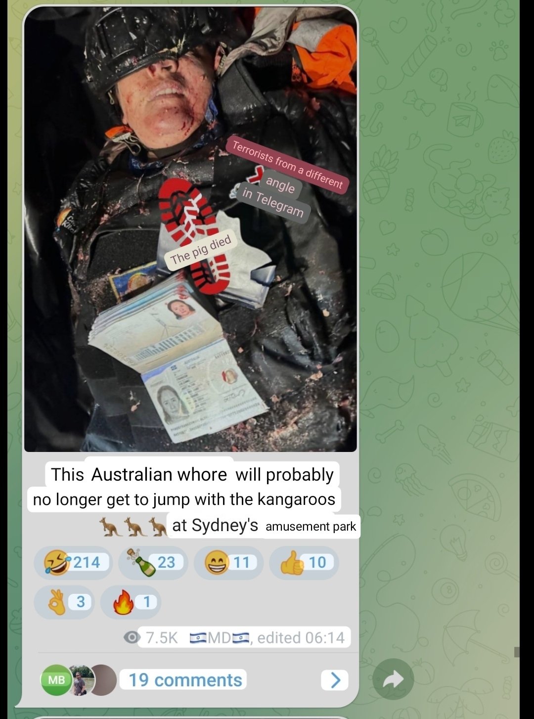 Thumbnail preview image for the video titled: Mocking messages posted by the Israeli Telegram channel "Terrorists from another angle" following the massacre of 7 WCK aid workers