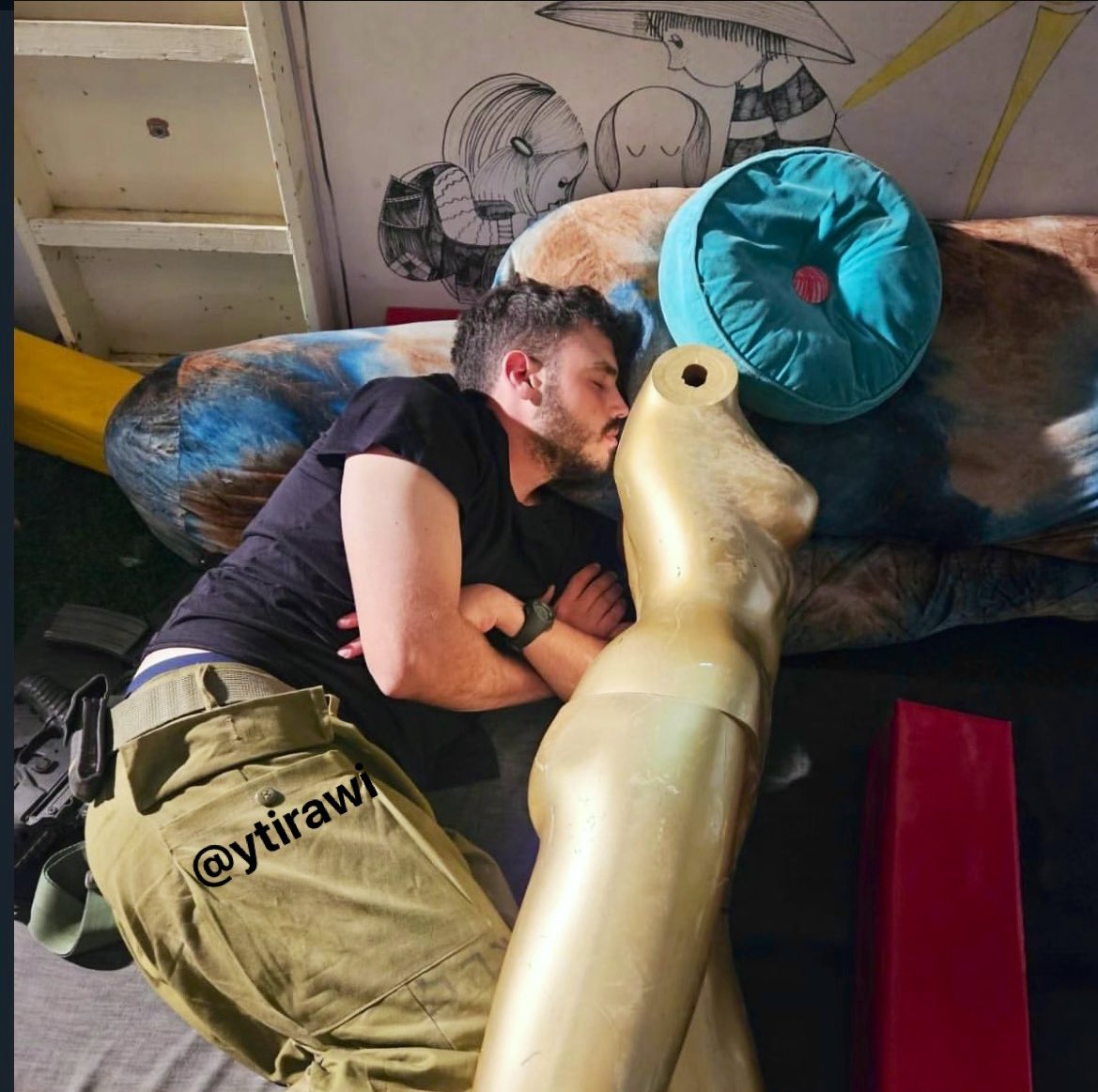 Thumbnail preview image for the video titled: An Israeli soldier using a mannequin to mock and humiliate the Palestinian residents