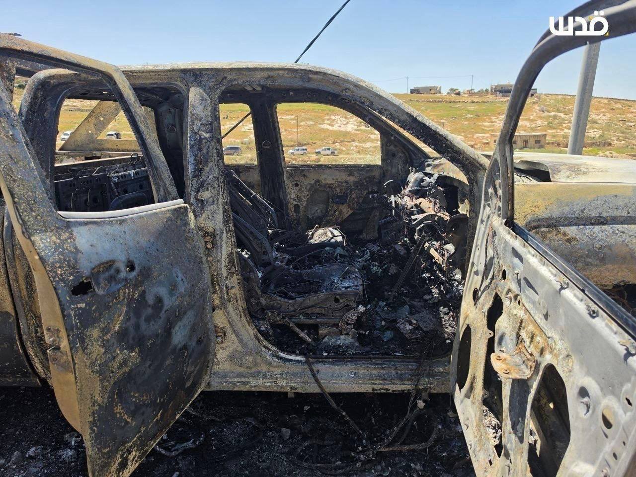 Thumbnail preview image for the video titled: Israeli settler set fire to a Palestinian vehicle and bulldozer in Wadi al-Rakhim, Masafer Yatta